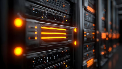 Obraz premium A close-up view of high-tech server racks illuminated by orange lights, showcasing modern data center equipment and advanced technology integration.