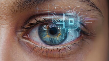 Macro photograph of a bright blue human eye overlapped with digital schematics, visualizing cybernetic integration, smart interface technology, and advanced biometric data analysis in future systems.