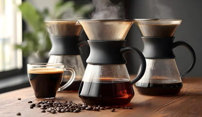 A cozy coffee scene featuring fresh brews in stylish glass pour-over makers against a warm, inviting background, perfect for coffee lovers.