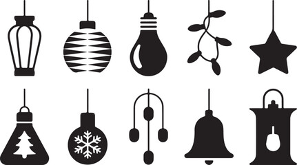 A festive collection of Christmas ornaments and holiday lights, including hanging lanterns, baubles, bells, star decorations, and snowflake motifs. 