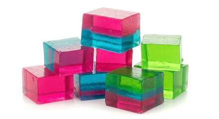 Isolated layered jello cubes in retro neon colors on a white background for creative use