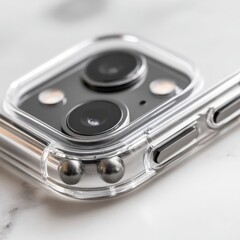 Clear phone case, camera lenses, marble surface