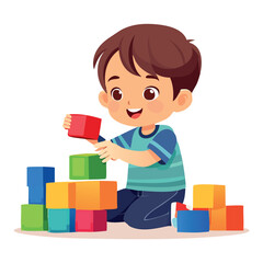 Cute little boy playing with colorful building blocks, happily constructing a tower from cubes. Cartoon vector illustration isolated on white.