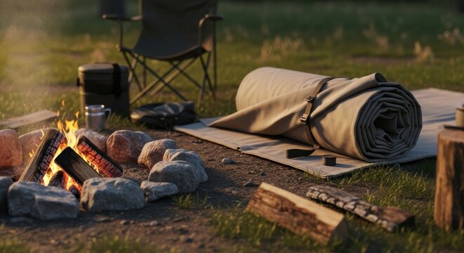 Cozy Campfire and Camping Gear at Dusk in Nature