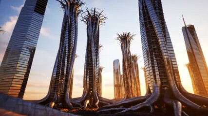 Vision of a future city with biomimetic skyscrapers shaped like giant trees, representing sustainable urban development and green technology.