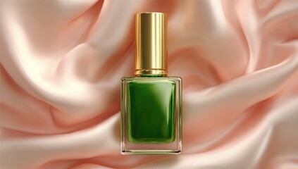 Emerald green nail polish bottle on blush pink silk