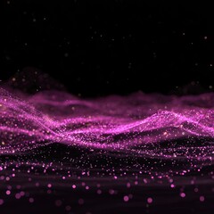 Abstract, vibrant, purple particle waves on a black background