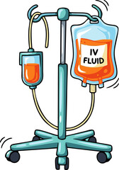 Cartoon IV drip stand with fluid bags and medical equipment illustration.