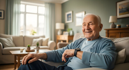 Elderly Man Using Wearable Health Monitor at Home