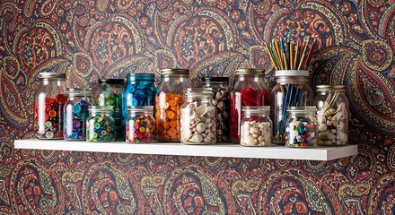 Collection of colorful glass bottles filled with various items displayed on a shelf against a textured background