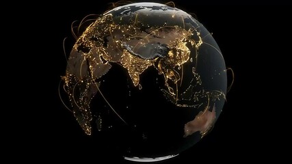 Glowing Golden Network On Rotating Earth Globe - Powered by Adobe