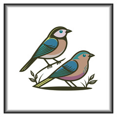 Fototapeta premium Two birds rest on branches, surrounded by calm leafy foliage