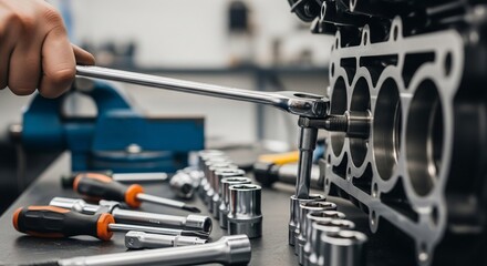 Mechanic meticulously repairing an engine block, using tools and precision.