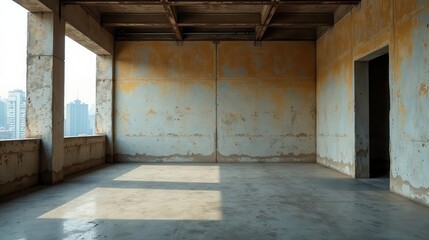 Obraz premium Sunlit Empty Room in a Weathered Concrete Structure with a Distant City View