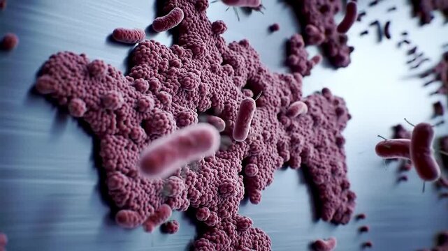CGI of staphylococcus bacteria clusters forming biofilm on surface