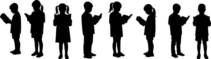 Children reading books in line silhouette vector	