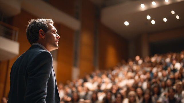 A man in a suit is delivering a speech to a large audience in an indoor lecture hall setting.