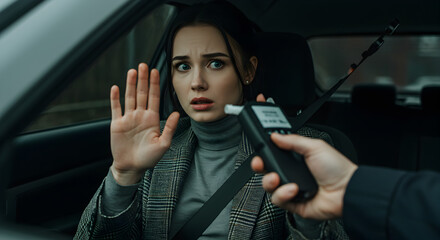 Anxious Woman Rejects Breathalyzer Test with Raised Hand in a Grey Car with Officer Holding Device