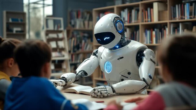 Robotic tutor interacts with children in a modern classroom setting promoting learning and technology integration - Powered by Adobe