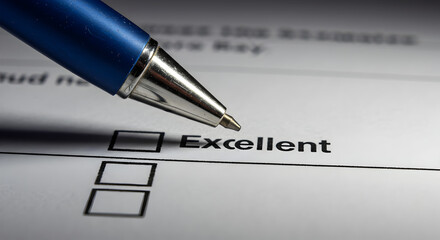 Blue Pen Marking Excellent on Survey Form in Close Up View Demonstrating Positive Feedback and Detailed Evaluation