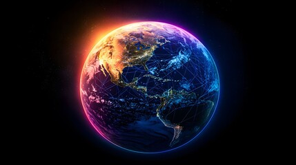 The image showcases a vibrant and detailed Earth with visible city lights, overlaid with a glowing network connectivity grid, set against a stark black backdrop sprinkled with faint stars.