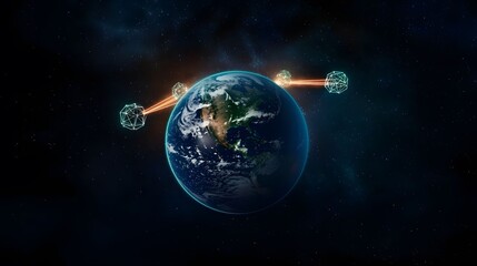 Fototapeta premium A detailed image shows planet Earth in space, connected to two glowing, web-like geometric shapes by bright orange lines, set against a backdrop of stars and a cosmic nebula.