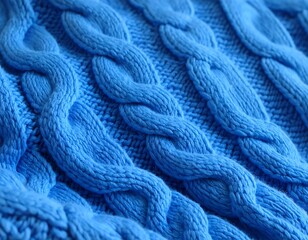 Close-up vibrant blue cable knit fabric