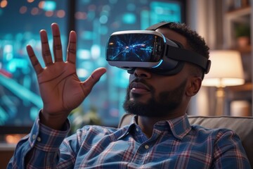 Person wearing virtual reality headset interacting with digital environment.