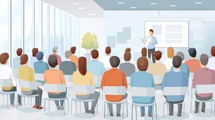 A group of people gathered for a professional training seminar where a speaker is giving a presentation.