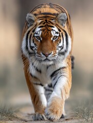Obraz premium A majestic Siberian tiger is seen walking in its natural environment, showcasing its striking striped fur and powerful presence.