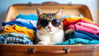 Cool Cat on Vacation: A Feline Traveler's Packed Suitcase