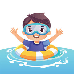 A cute cartoon boy with swimming goggles on an inflatable ring, having fun in the water. Vector illustration for summer vacation.
