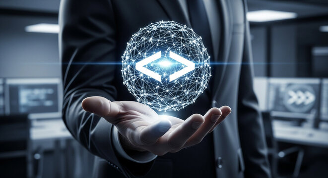 A man in a suit holding a glowing digital sphere with code symbols in his open hand in a tech environment