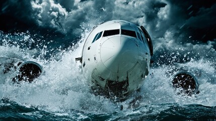 Dramatic scene of large passenger airplane crashing into ocean with nose plunging and massive splash, stormy dark clouds in background, conveying motion and tension during aviation accident near water
