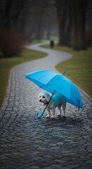White dog under a bright blue umbrella on a paved path.