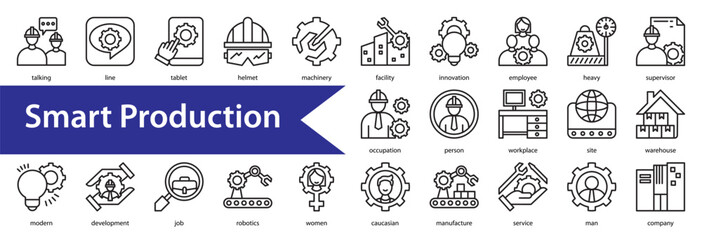 Smart Production Icon Collection Set. Containing: 

production,industry,technician,manager,factory,engineer,manufacturing,worker,machine,technology,control,industrial,professional,work,construction