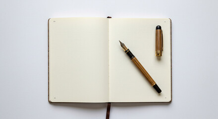 Elegant Wooden Fountain Pen and Blank Notebook: A Still Life Photography for Business, Education, and Writing Concepts. High-resolution image perfect for website banners, blog posts, social media, ...