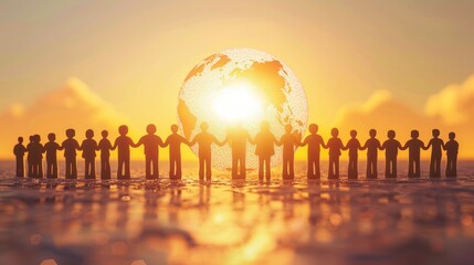 A large group of people holding hands, facing a globe at sunrise