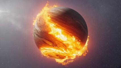 Exploding jupiter a stunning, vivid cosmic visualization capturing the dramatic fiery transformation of gas giant, featuring surreal flames against a gorgeous starry background set in a distant galaxy