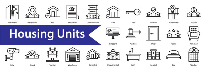 Fototapeta premium Housing Units Icon Collection Set. Containing: Apartment,Placeholder ,Add ,Document ,Condominium,Add,key,Auction ,Placeholder,Auction,Billboard,Auction,Door,Rating,Armchair ,Cctv,Smart,Fountain