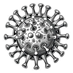 Intricate Hand Drawn Illustration of a Virus with Spikes and Textured Surface Detailing the Complexity of Viral Structures