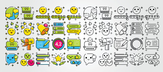 set of Customer review various colorful icons represent feedback social media communication and notifications showcasing positive user experiences.