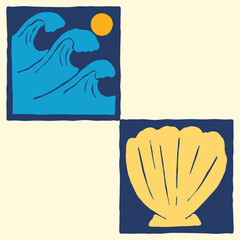 Waves and Seashell Coastal vintage simple Illustration