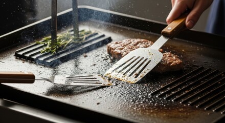 Flipping Juicy Beef Patties on a Hot Flat Top Griddle
