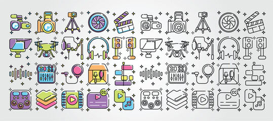 Media icon set presents colorful line art of filming and audio recording equipment icons.
