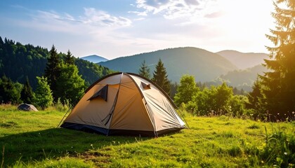 Camping Tent in Mountain Landscape at Sunrise