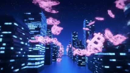 Futuristic cityscape at night with glowing digital currency symbols floating through a neon metropolis. A vision of virtual finance and blockchain. - Powered by Adobe