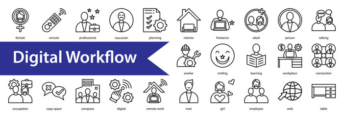 Digital Workflow Icon Collection Set. Containing: 

business,laptop,working,technology,computer,work,home,office,internet,home office,modern,communication,woman,job,online,business woman,sitting,house