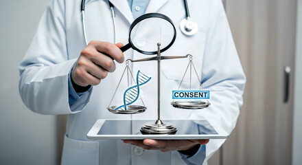 Doctor holding scale with dna and consent under magnifying glass on tablet for medical ethics concept