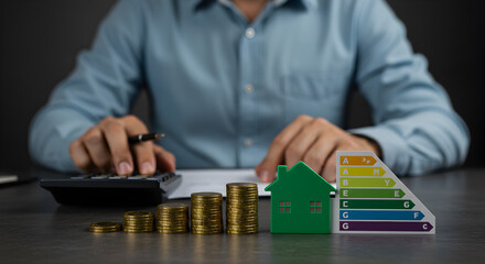 Naklejka premium Energy Efficiency Calculation with Golden Coins Chart and Green House on a Dark Gray Table with a Calculator in Background